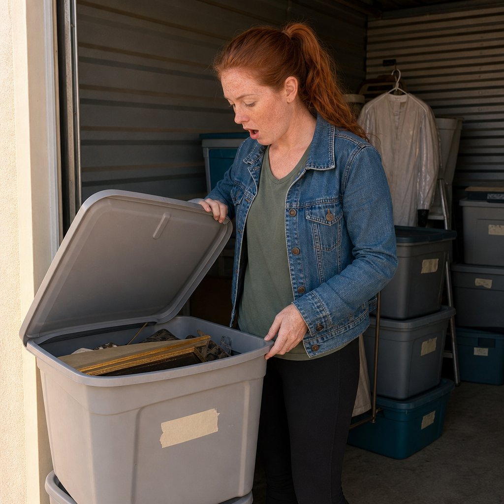 A red-ponytailed woman opens a storage bin inside a unit filled with neatly stacked containers, staring in disbelief.