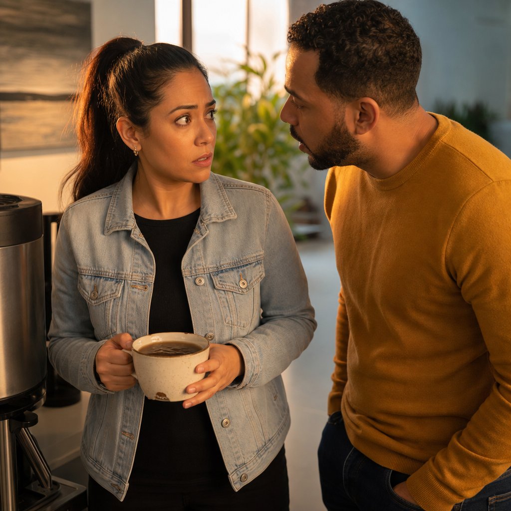 In the breakroom, Mateo leans in to whisper to Mara as she grips a chipped mug with trembling hands.