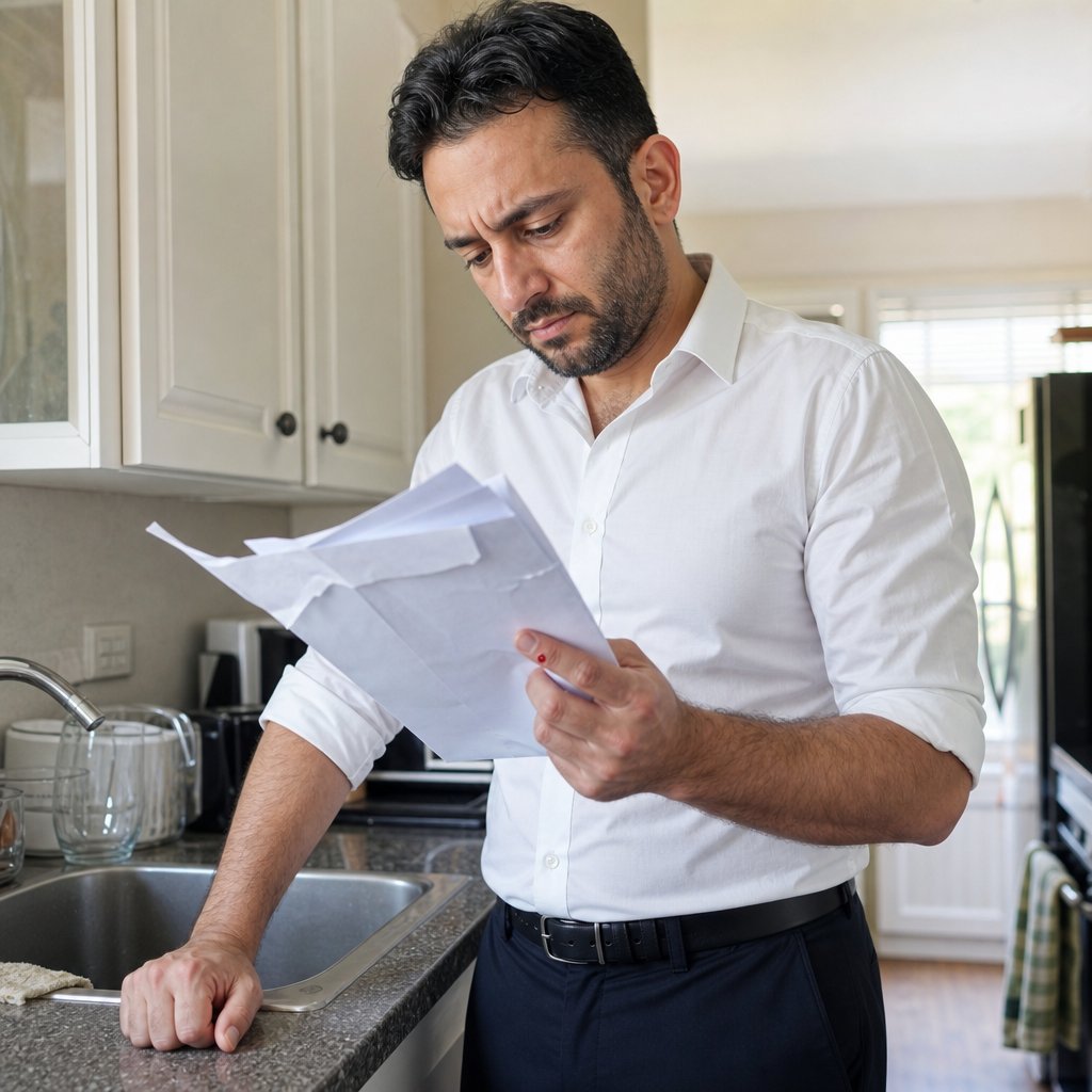 A man in a kitchen holds opened insurance paperwork, visibly shaken, with a small paper cut on his thumb.
