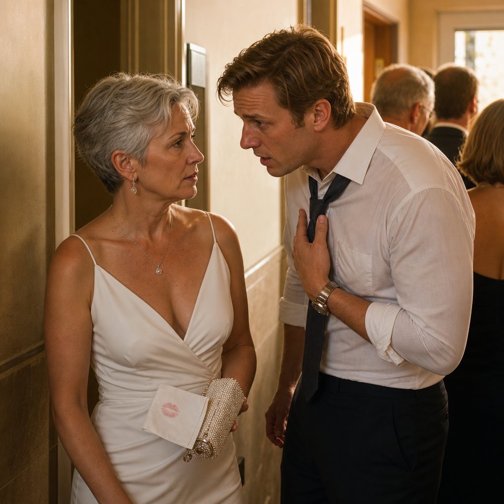 In the bathroom line, a nervous groomsman leans in to confess something to Harper.