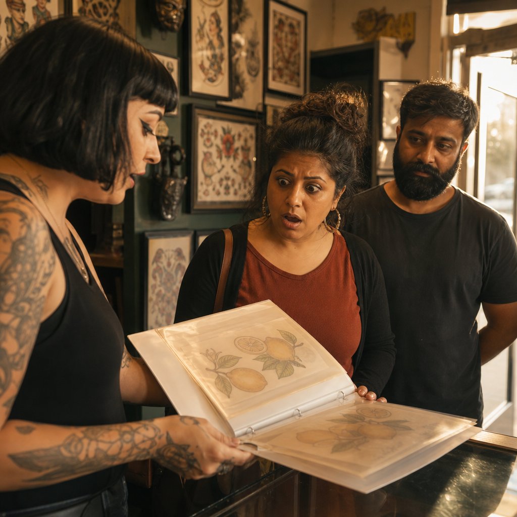 In a tattoo shop, an artist shows Mara a file folder of lemon stencils as the door behind them opens.