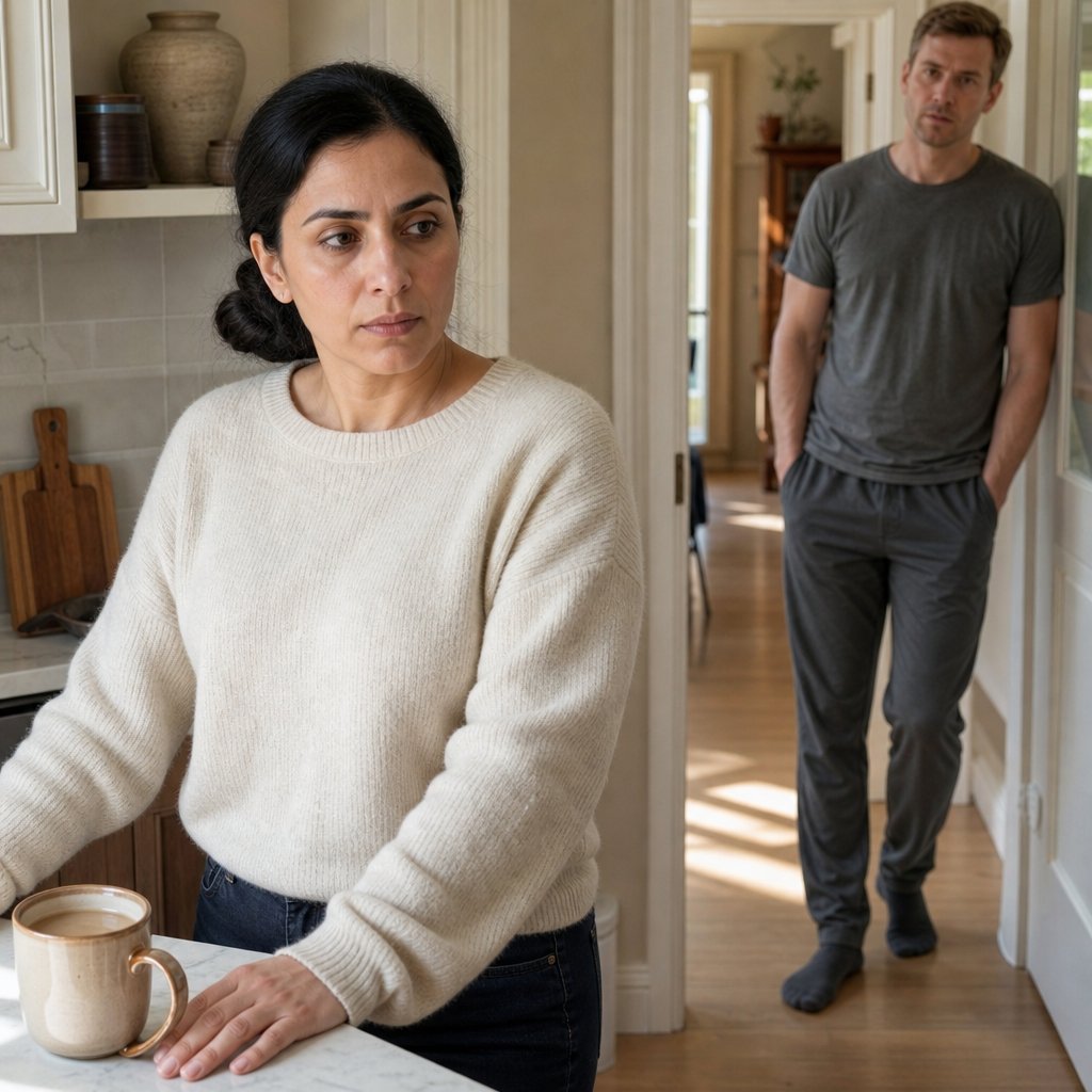 Maren stands in the kitchen with coffee as Caleb watches her from the hallway.