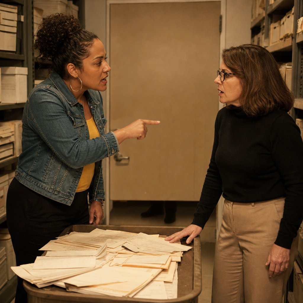 In a records room, Marisol reveals paperwork while a shadow appears under the closed door.