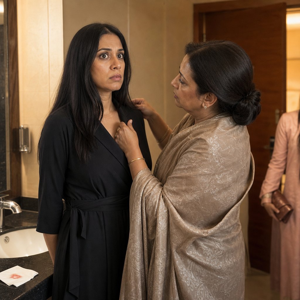 A mother leans in close to her shaken daughter in a ladies’ lounge as someone walks in.