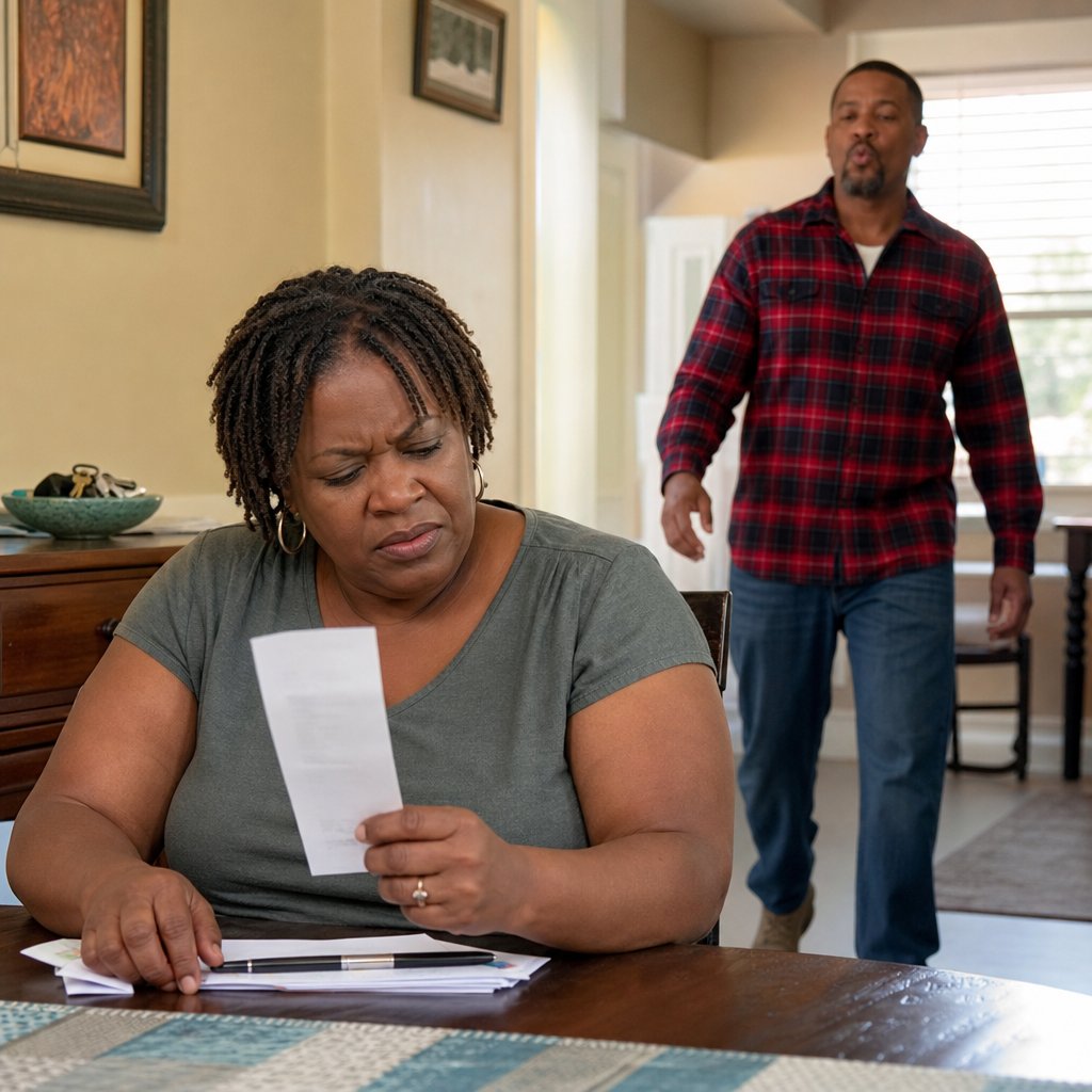 Iris studies a printed receipt at the table while Mason walks up behind her looking casual.