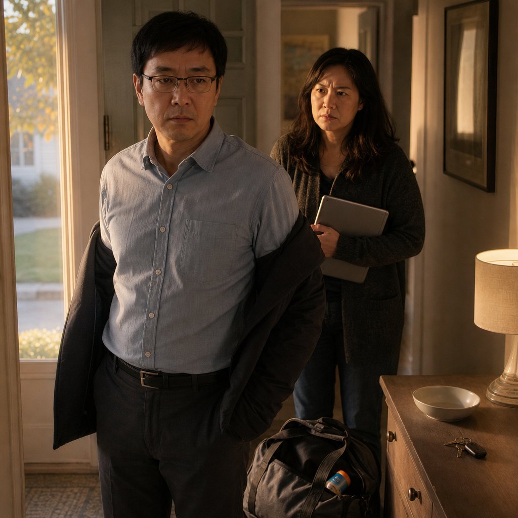 Evan stands cold-faced in the entryway as Mara confronts him, the smell of sunscreen lingering from his bag.