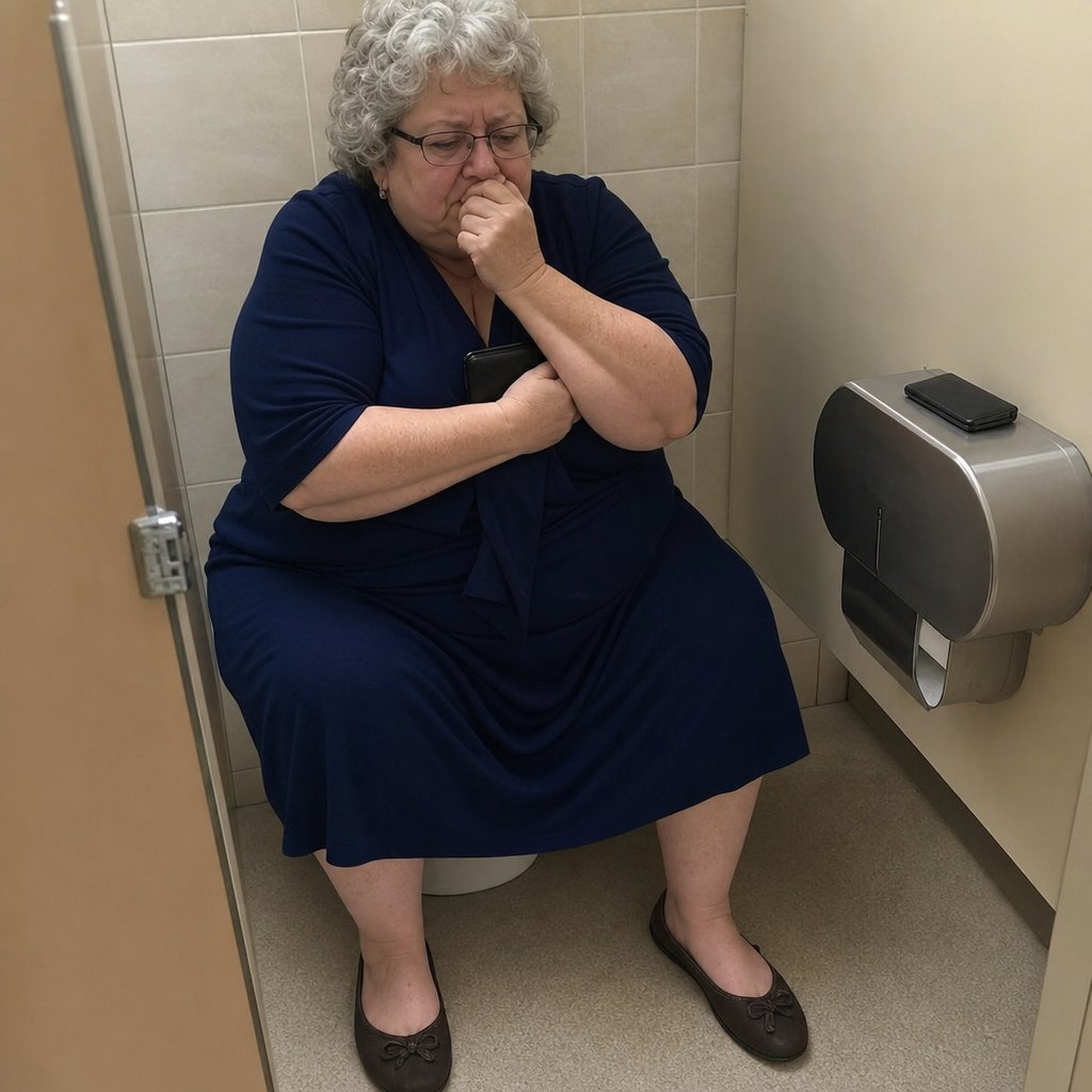 In a restroom stall, the gray-haired woman hunches over her phone, face tight with shock and fear.