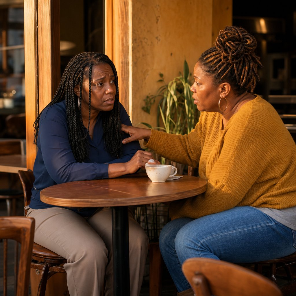 Two women sit in a cafe in an urgent conversation, one reaching across the table as the other looks shaken.