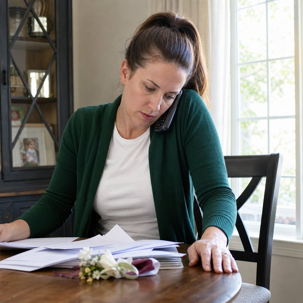 Lena sits at a table with wedding papers, tense on a phone call after noticing a signature mismatch.