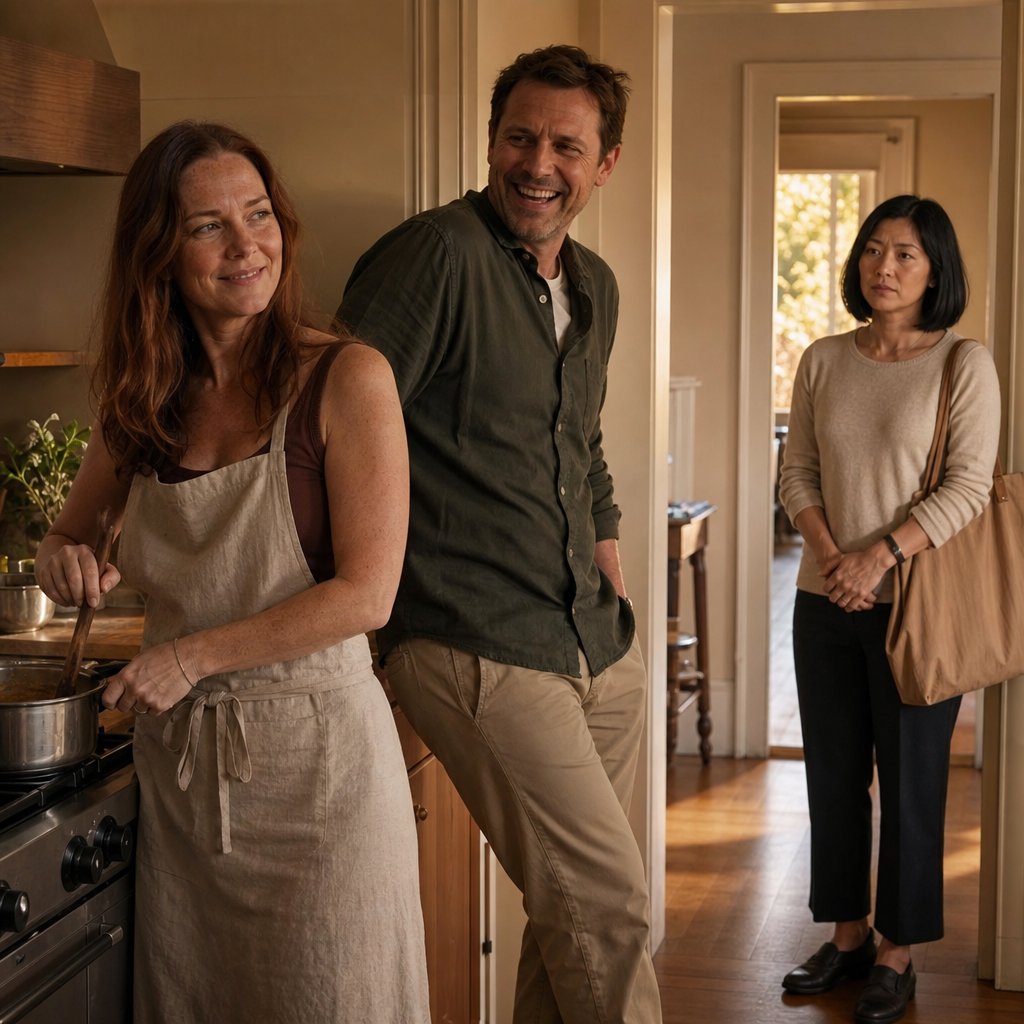Mara stirs soup while Iris’s husband laughs, and Iris stands in the doorway watching, tense.