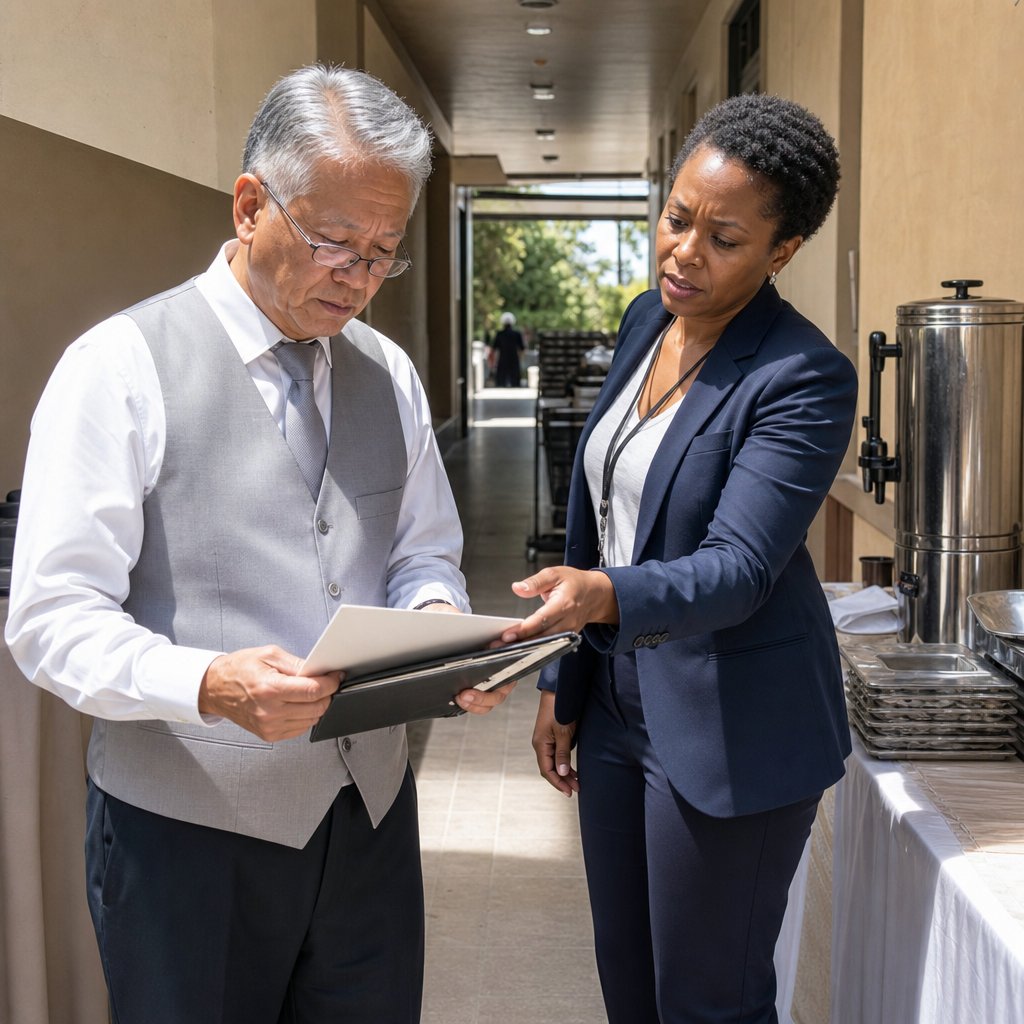 An older man studies a loose handwritten page in a planner’s binder as the wedding planner reaches toward it anxiously.