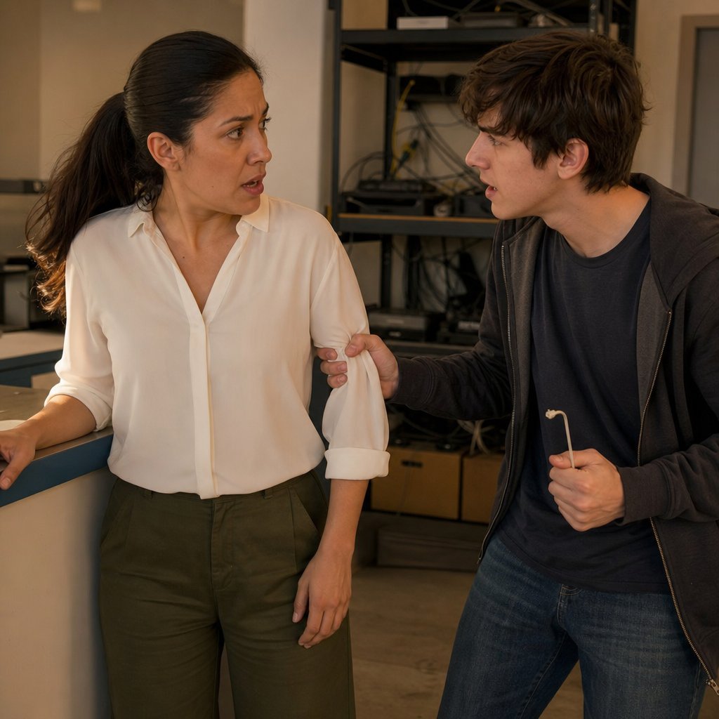 In the IT office, a nervous young technician grabs Mara’s sleeve to warn her.