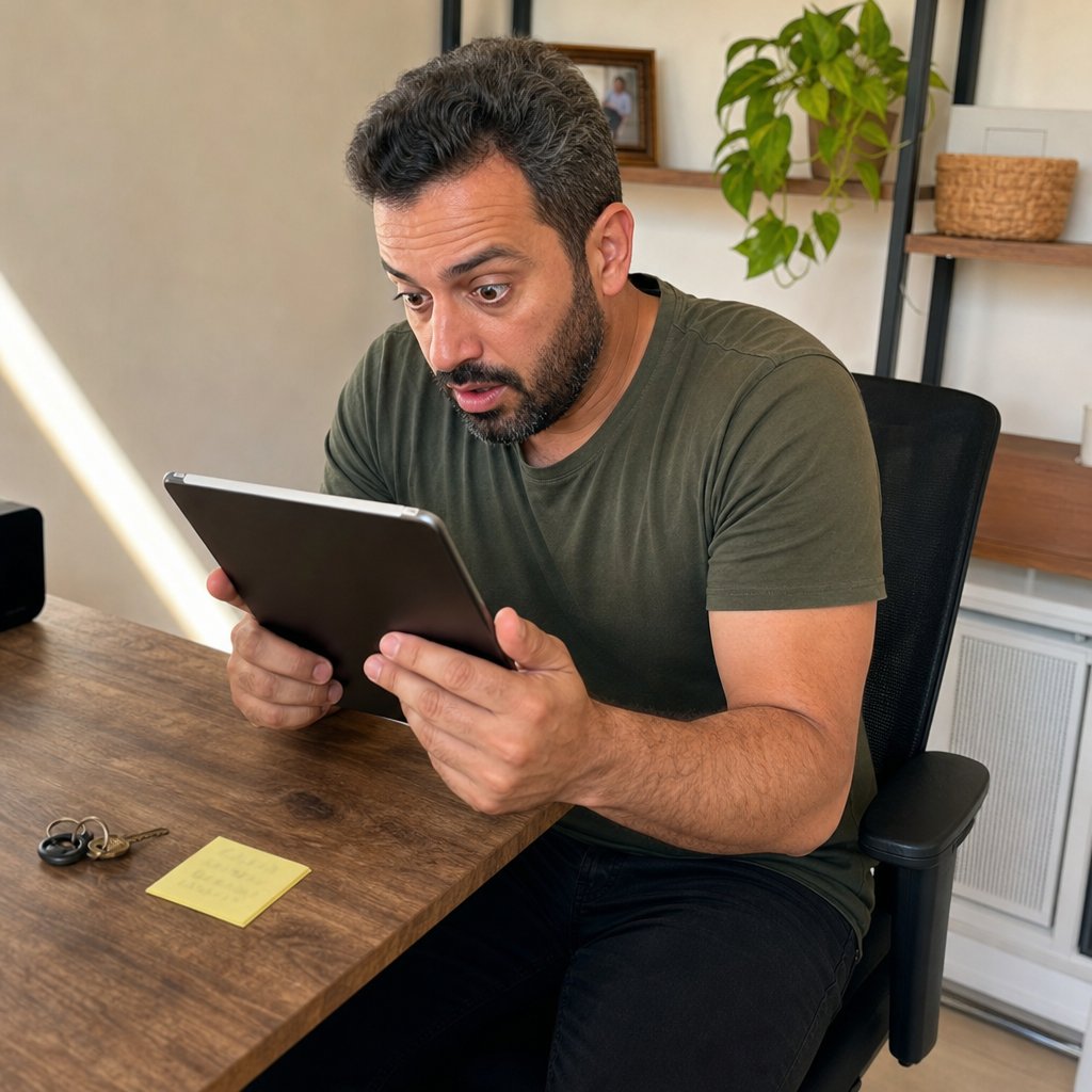 A man sits at a desk holding an old tablet, staring in shock after discovering a takeover.