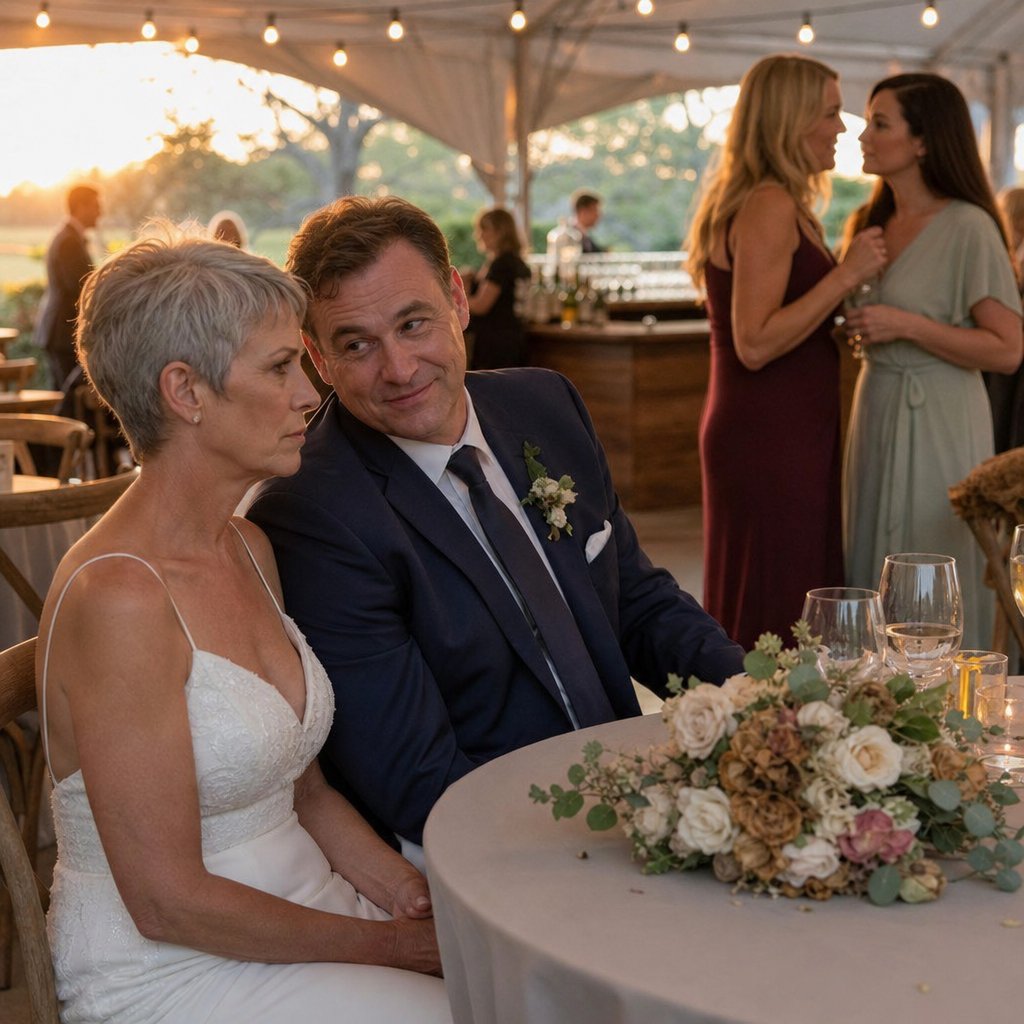 At the sweetheart table, Noah leans in smiling while glancing toward the entrance as Harper sits rigidly.