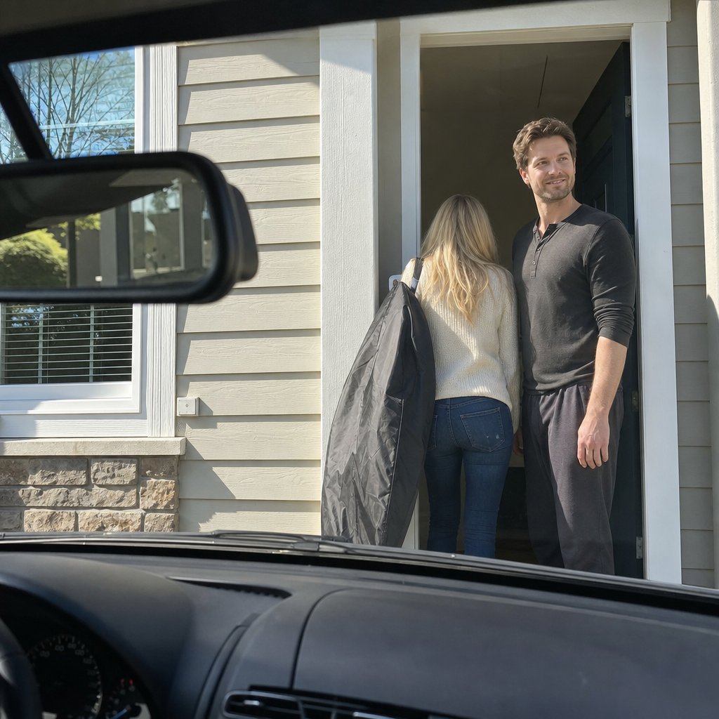 From a car, Miles is seen welcoming Tessa at the front door as she arrives with a garment bag.