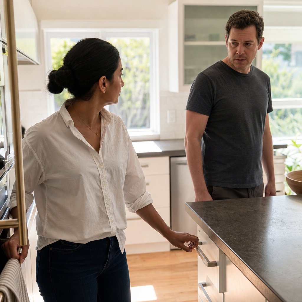 Maren grips the junk drawer handle while Caleb watches, tense and worried.