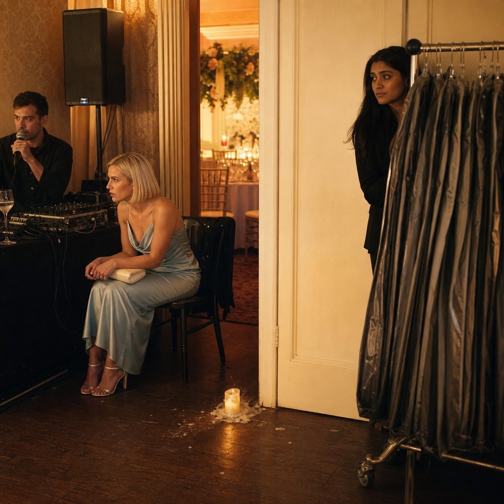 During a mic check in a side room, Valerie watches the speakers intently while the protagonist hides near the doorway.