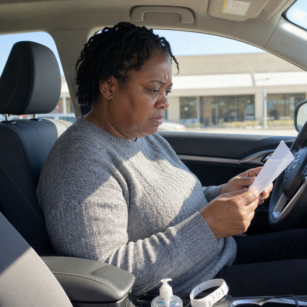 Iris sits in her car gripping a paper, her face tight with fear after getting confirmation the receipt is fake.