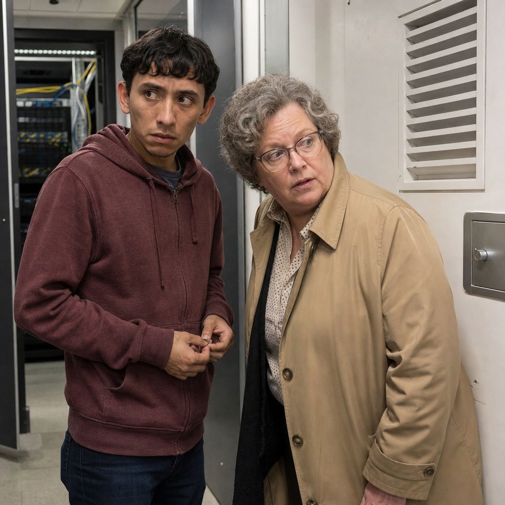 In a back hallway, the gray-haired woman presses a nervous IT worker for answers as both look toward approaching footsteps.