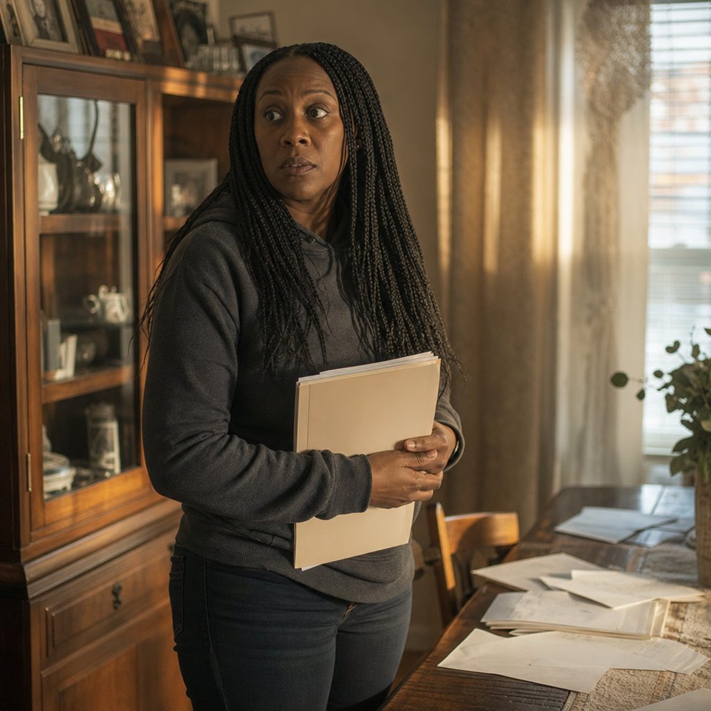 A woman clutches a folder beside a table of scattered papers, looking toward a doorway as if someone just arrived.