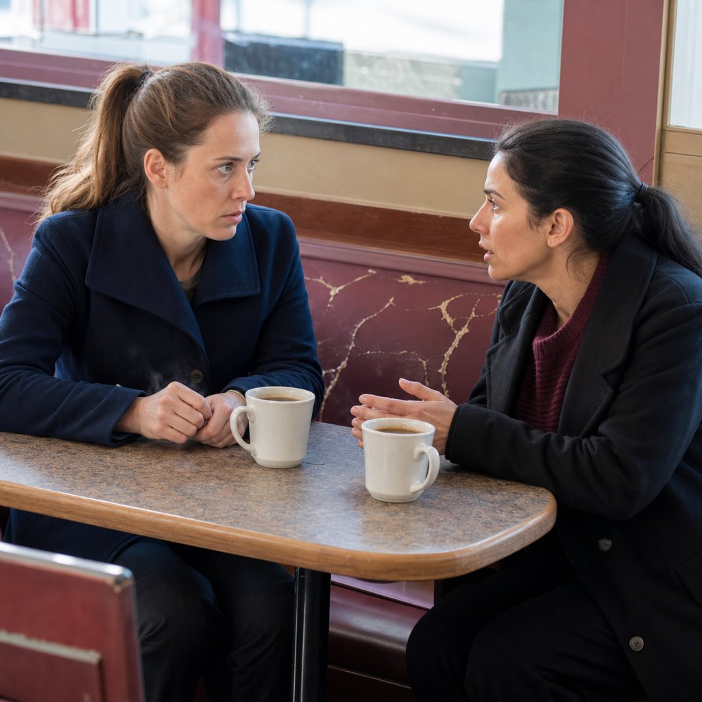 Lena sits stunned in a diner booth as Mara leans forward to deliver a shocking claim.