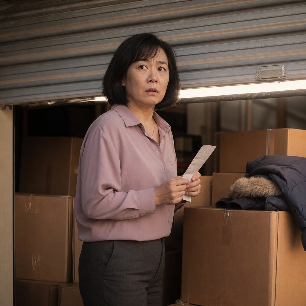 In a storage unit, Iris stands among boxes of her belongings holding a receipt, shocked, as the door behind her shifts.