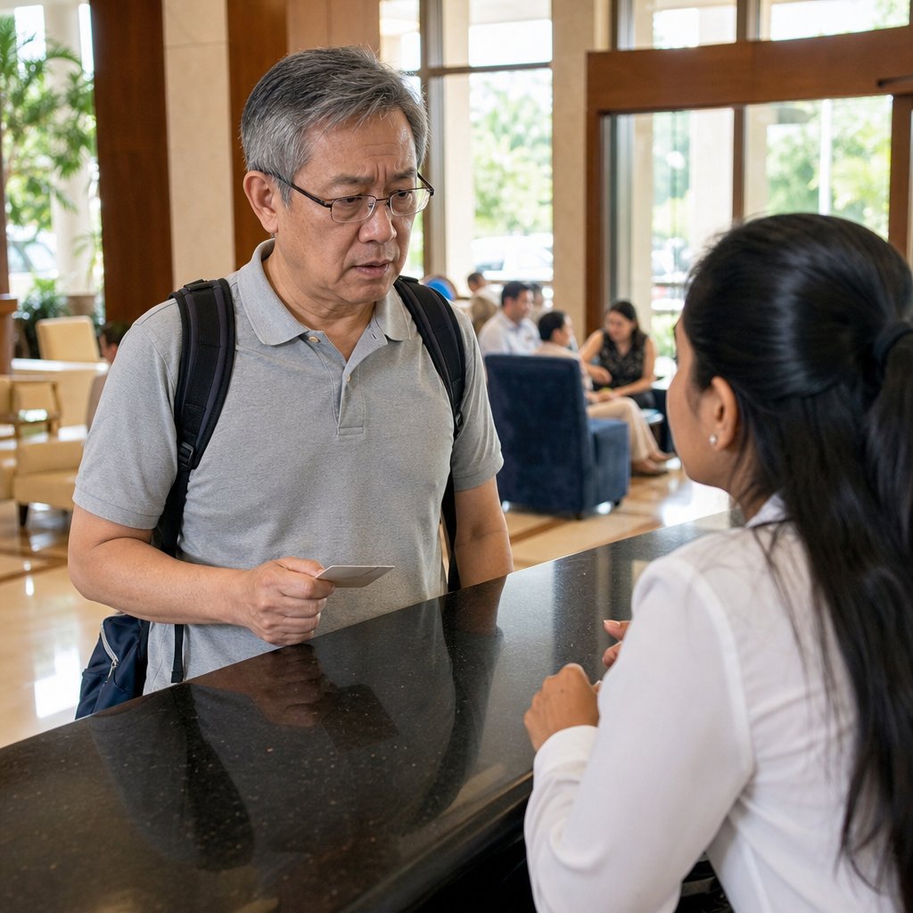 An older man listens tensely as a hotel clerk whispers to him at the front desk.