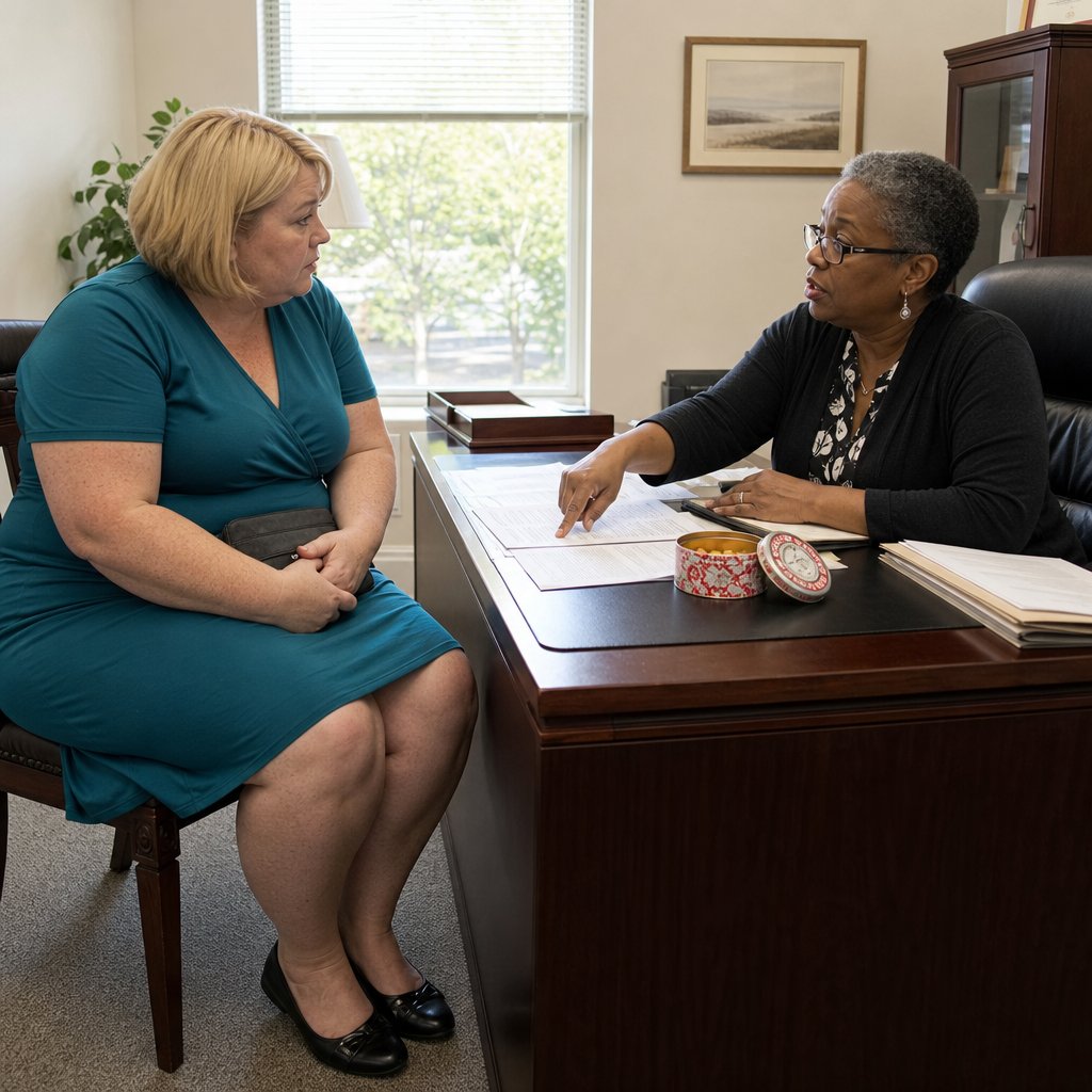 A freckled blonde woman sits tensely across from a stern attorney as papers are spread on the desk between them.