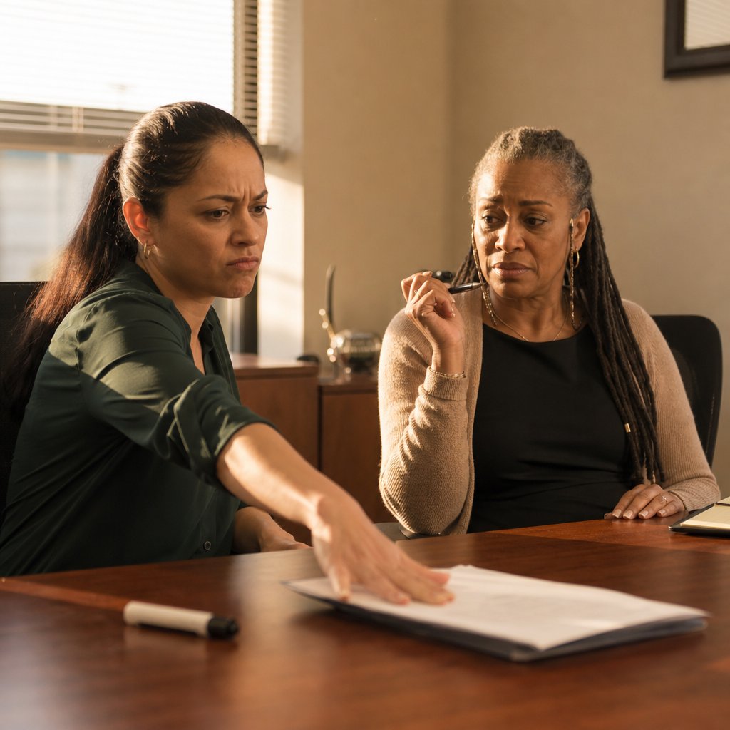 In a conference room, Mara pushes a review packet away while her manager pauses, pen hovering, uneasy.