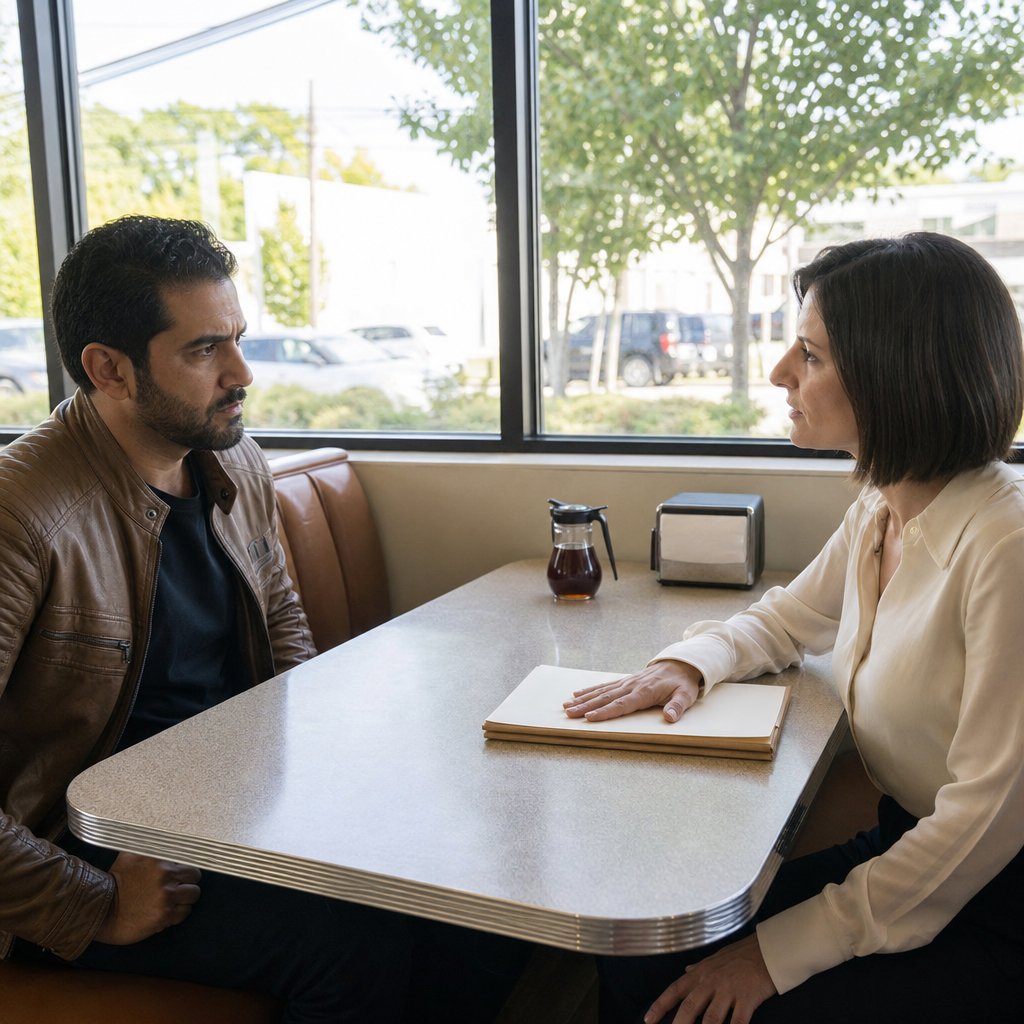 In a diner booth, a woman holds a folder while a tense man braces for a revelation about a secret sale.