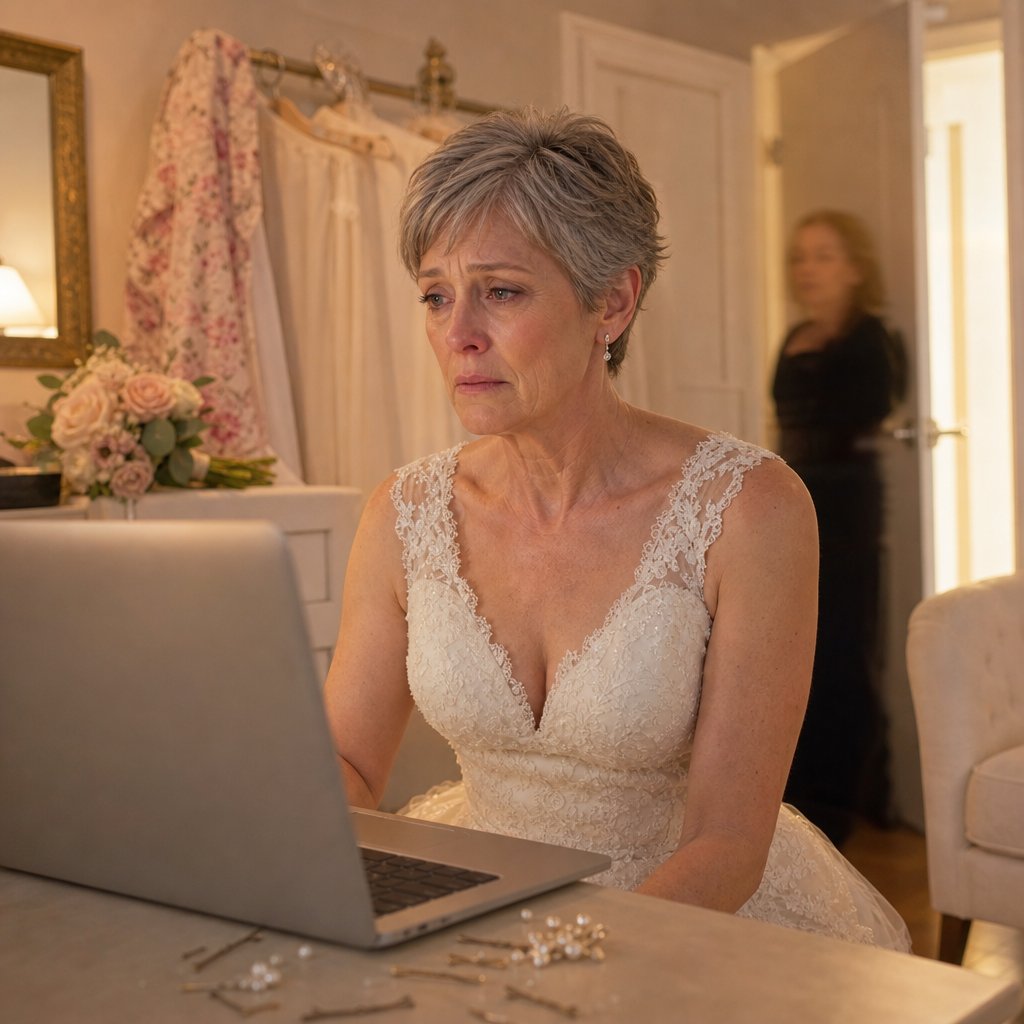 In the bridal suite, Harper freezes at an open laptop as the door swings open behind her.