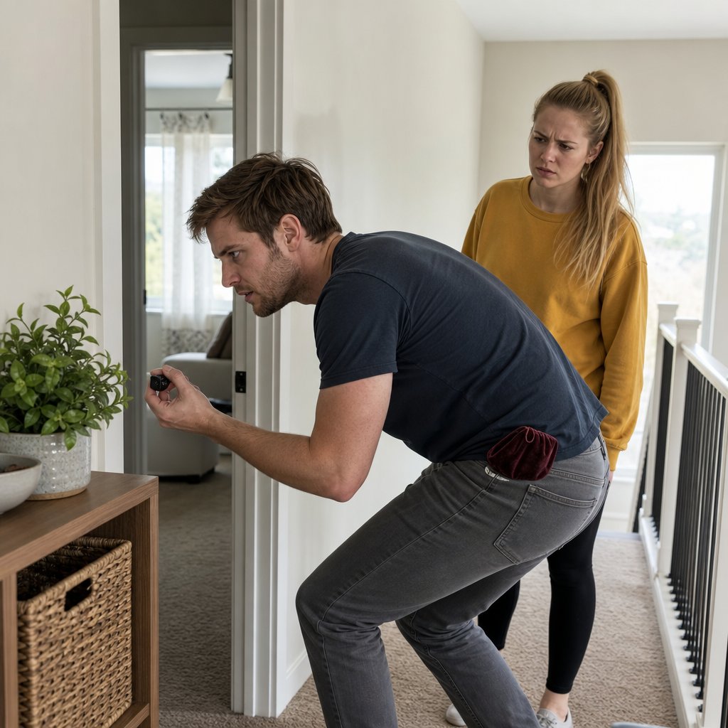 A man crouches aiming a small camera toward a desk as the nanny stands behind him, suspicious, with a velvet pouch peeking from his pocket.