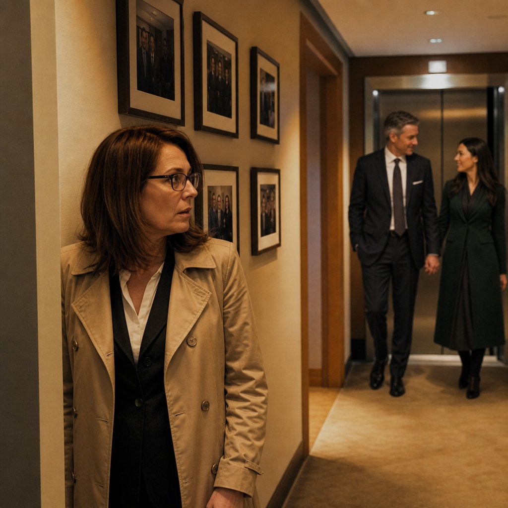 In an executive corridor, the narrator watches Grant and Lila exit a private elevator with hands touching.