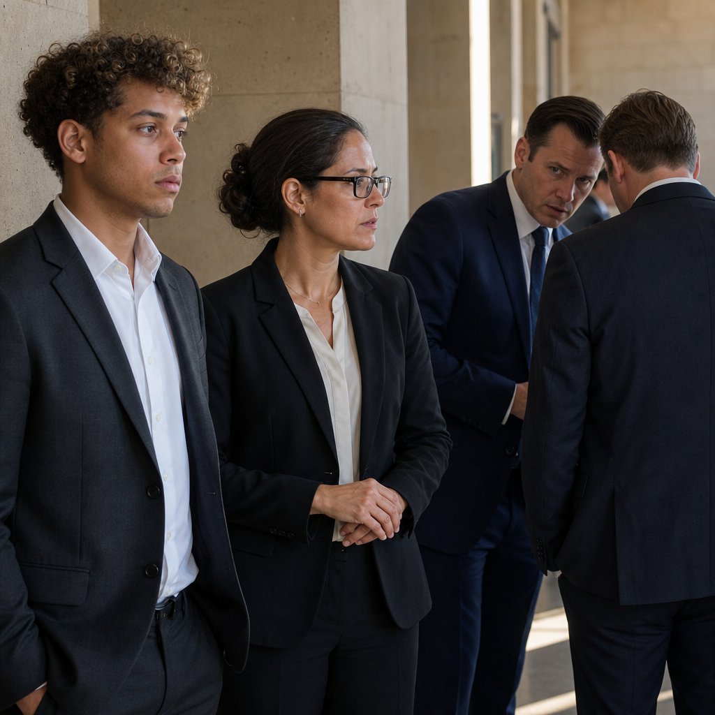 In a courthouse hallway, Evan whispers to his lawyer after the judge grants limited discovery, eyes sharp with calculation.