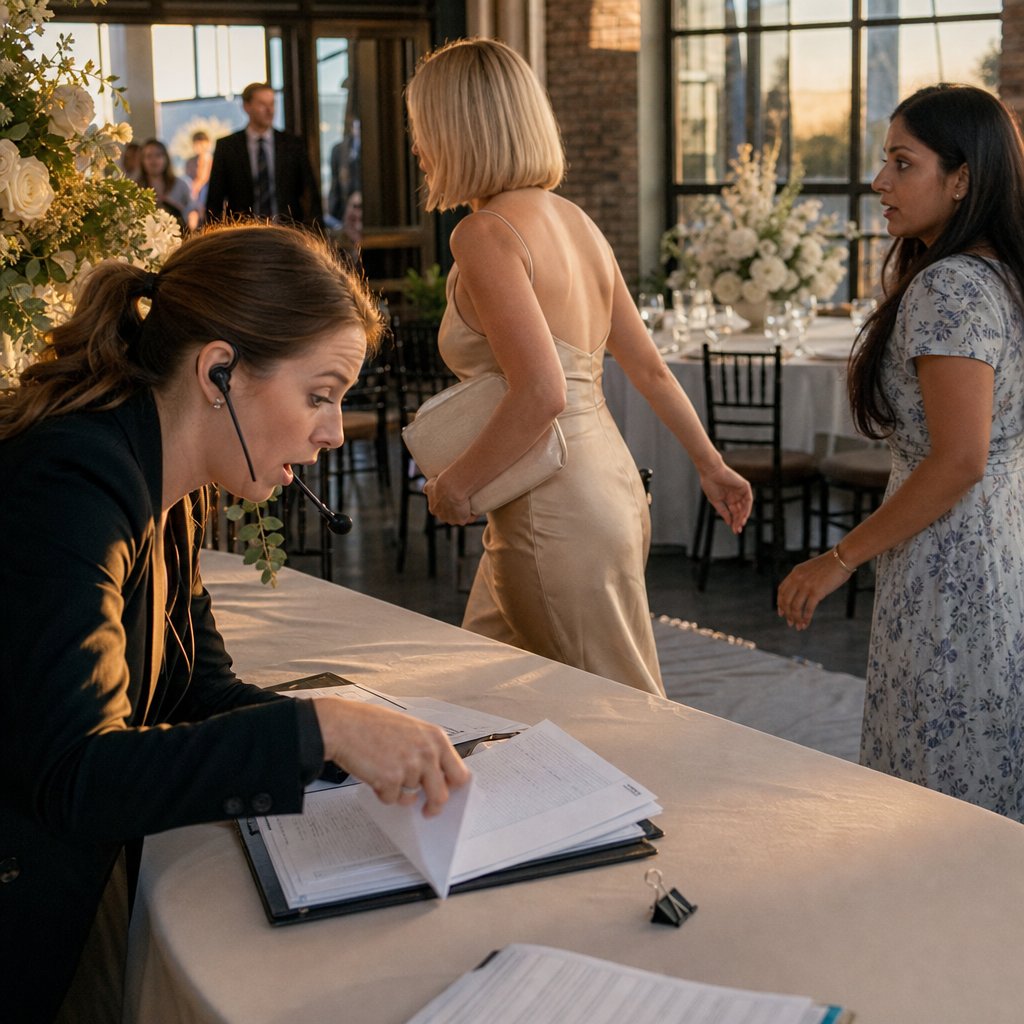 A coordinator searches frantically through a binder as Valerie walks away with a bulging ivory clutch and the protagonist starts to follow.