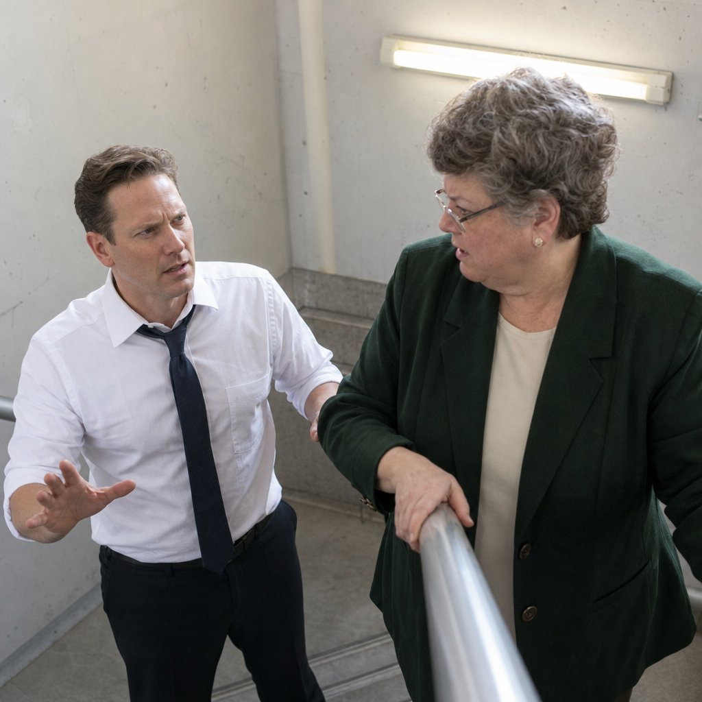 In a stairwell, Gavin faces the gray-haired woman with hands raised defensively as she grips the rail, furious.