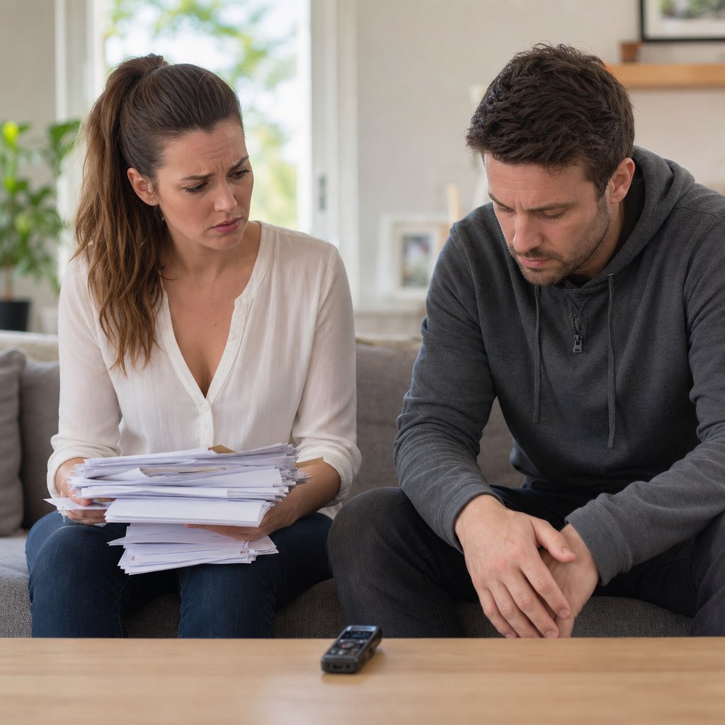 Lena sits with a stack of documents as Nate slumps beside her, looking guilty.