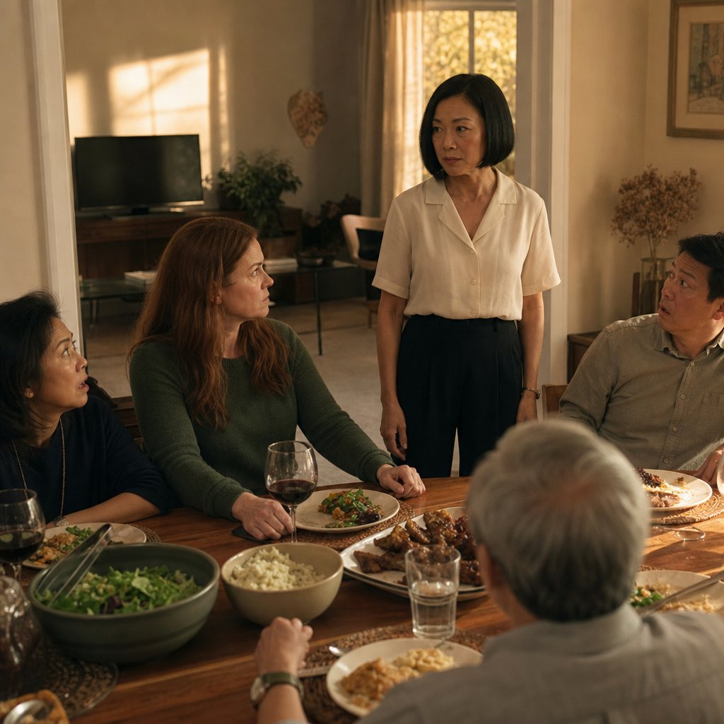 At a tense dinner, Iris stands calmly while Mara’s smile falters and the guests look shocked.