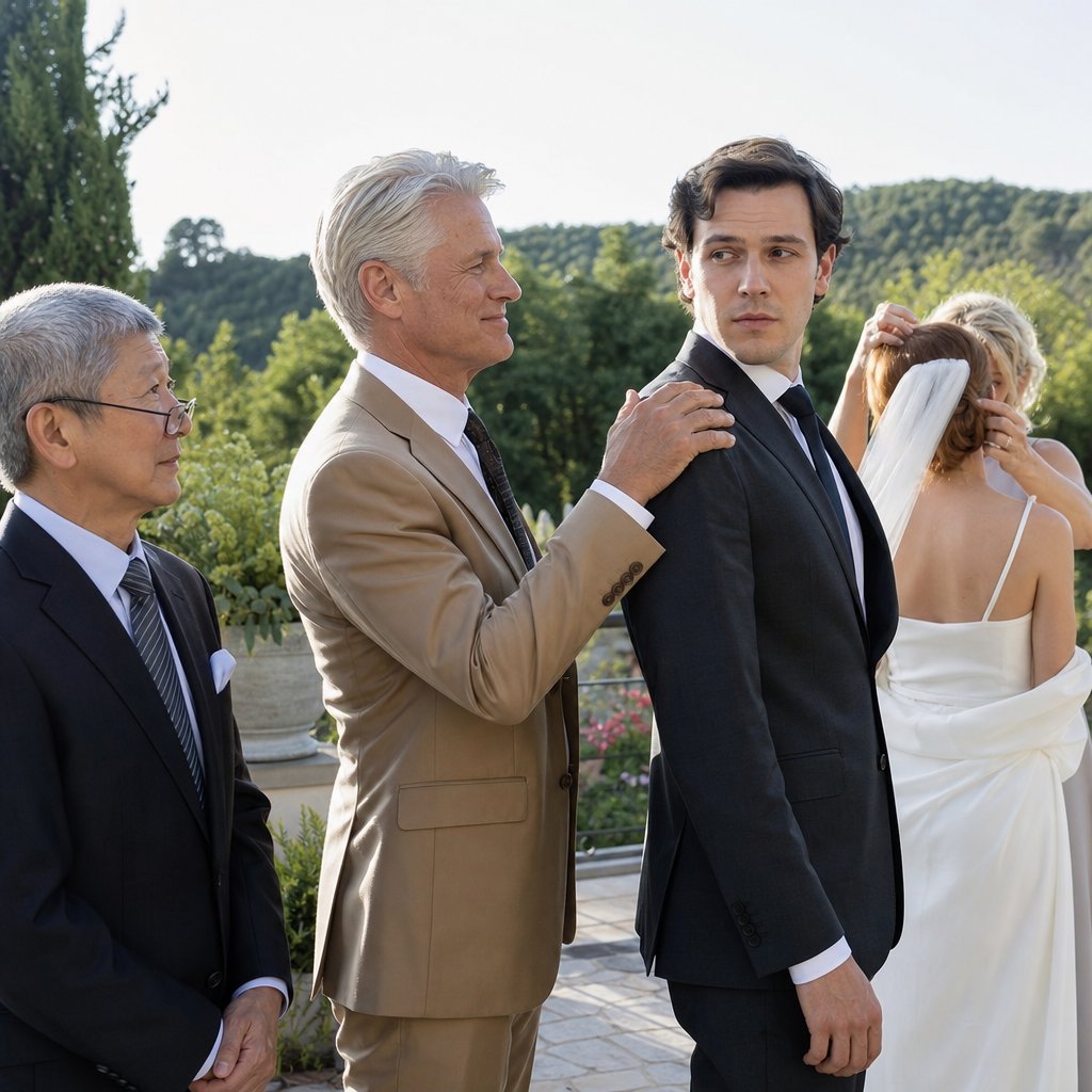 A confident older man in a tan suit grips a younger man’s shoulder like family while the bride is turned away nearby.