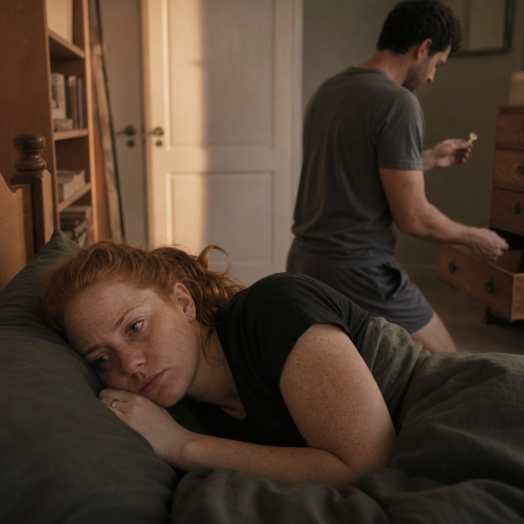 A woman lies awake in bed while a man kneels at a dresser drawer holding a small brass key.