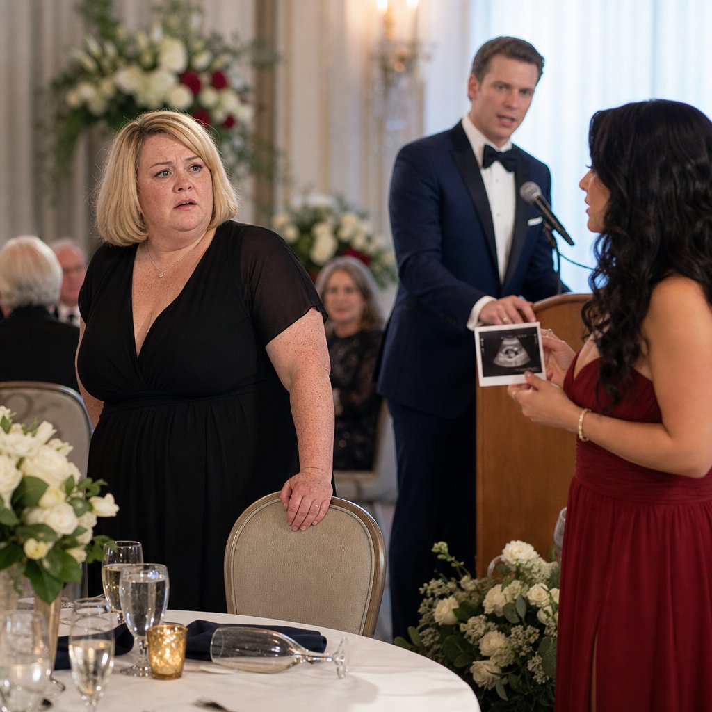 In a ballroom, a freckled blonde woman looks stunned as another woman stands holding an ultrasound while a man at the podium freezes mid-speech.