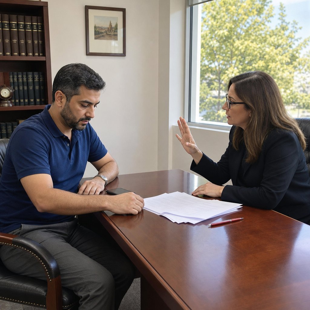 In a lawyer’s office, a man studies printed pages as his lawyer warns him not to react.