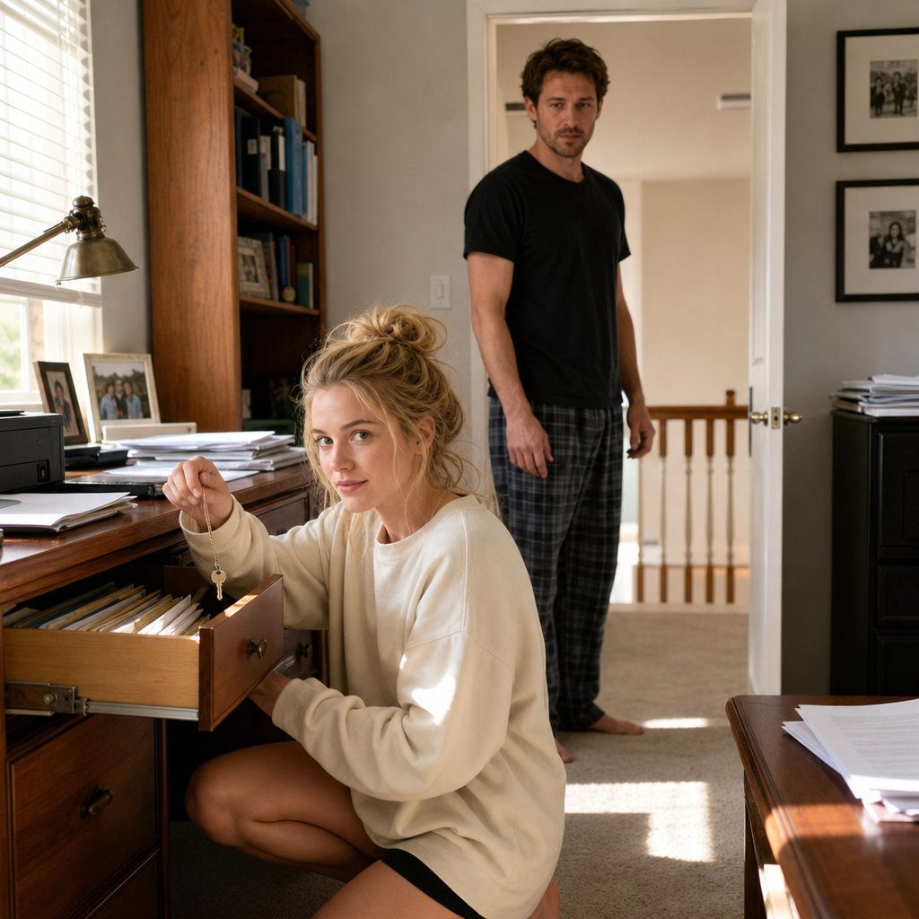 The nanny kneels at an open locked drawer holding a key as Miles appears in the doorway, catching her mid-act.