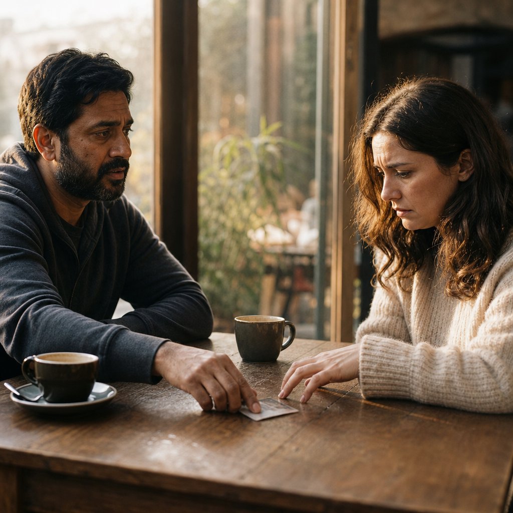 In a coffee shop, Connor slides an item across the table to Mara as she reaches for it nervously.