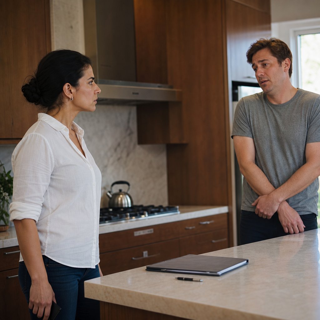 Maren confronts Caleb in the kitchen, holding a phone as he recoils, guilty and cornered.