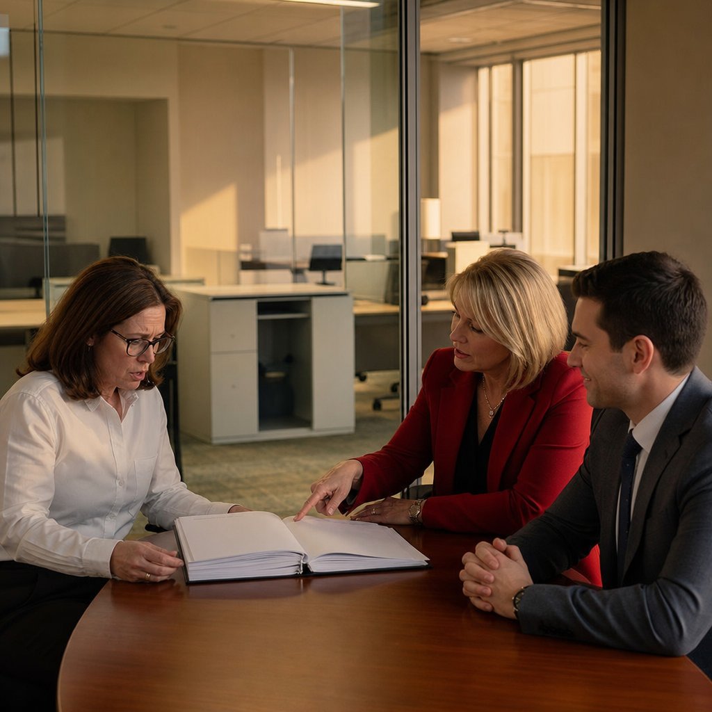 In a glass conference room, HR and Compliance push a folder toward the narrator and demand a signature.