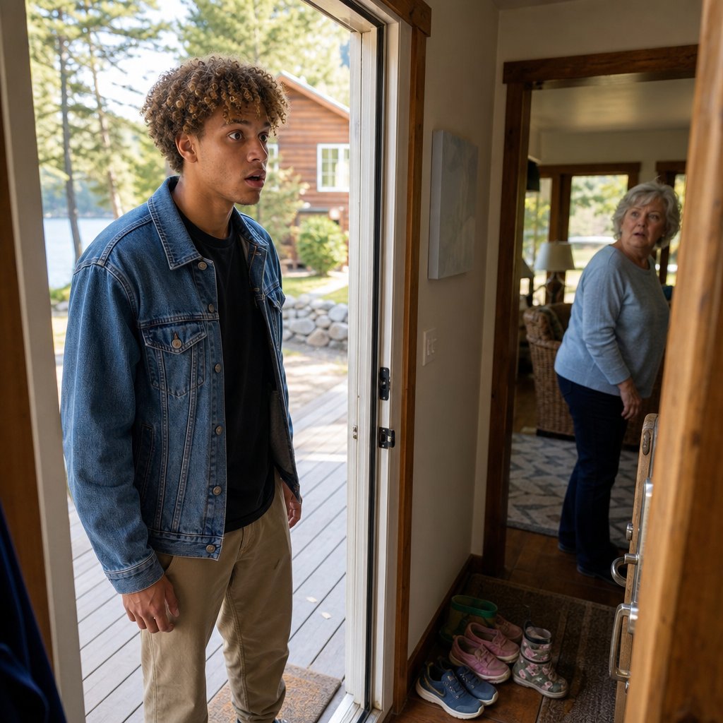 Mara stands at the lake-house door, stunned by children’s shoes inside as Evan’s mother turns toward him.