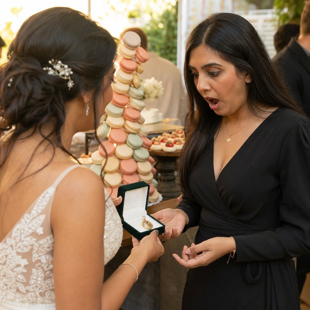 At the dessert table, the bride shows the stunned protagonist a gold vintage locket gift from Valerie.