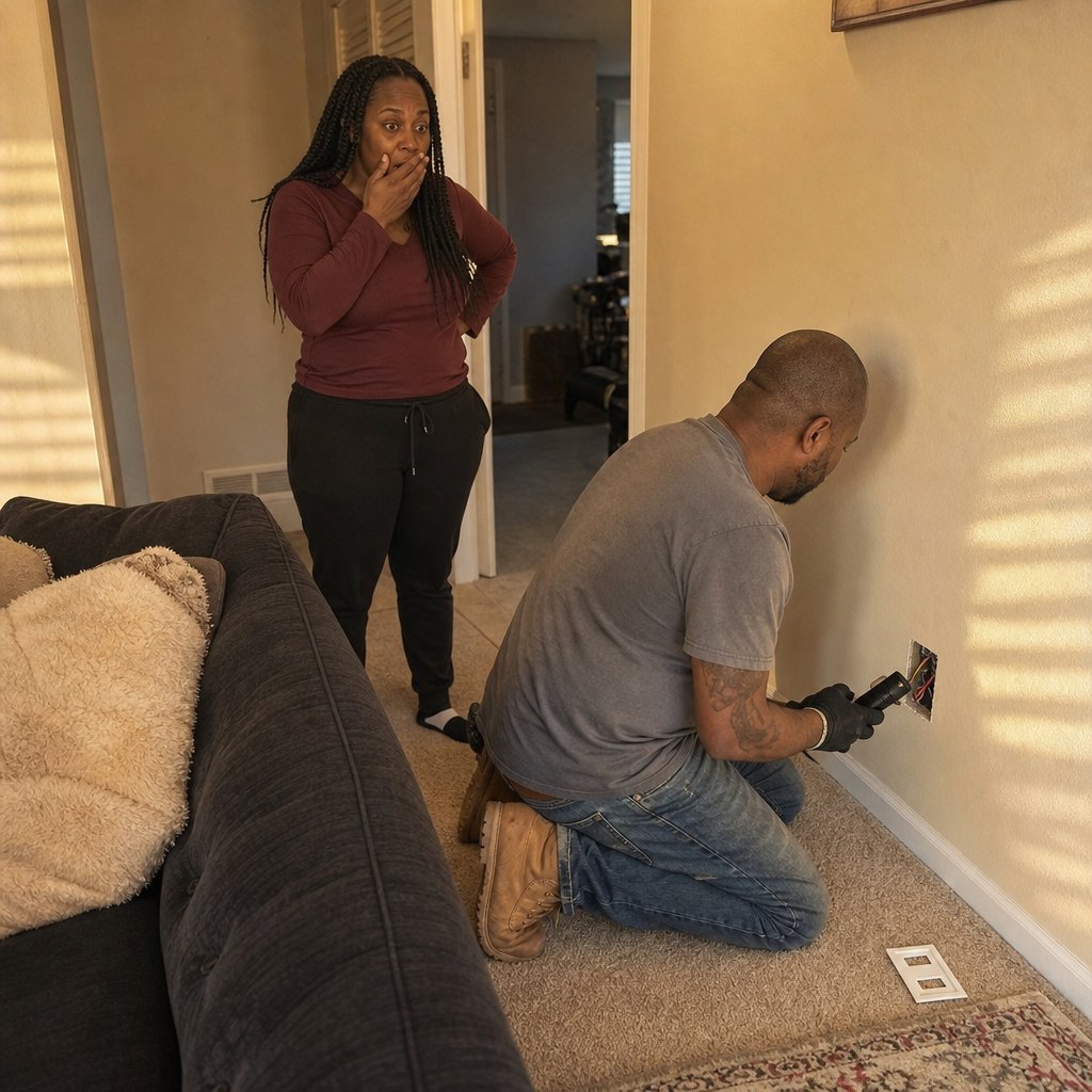 An electrician kneels by an open wall outlet holding a small device while a shocked mother stands back in alarm.