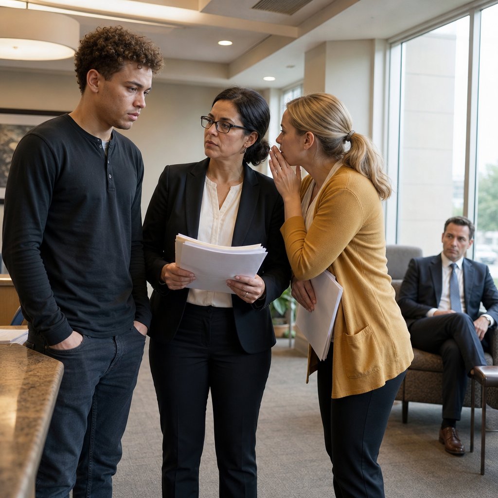 In a law office lobby, Mara’s lawyer reacts to a whispered update as Evan watches from across the room.